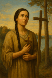 Saint Kateri praying in the woods
