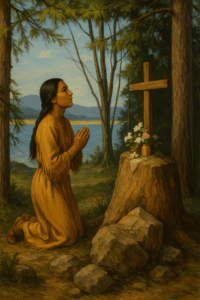 Saint Kateri praying in the woods